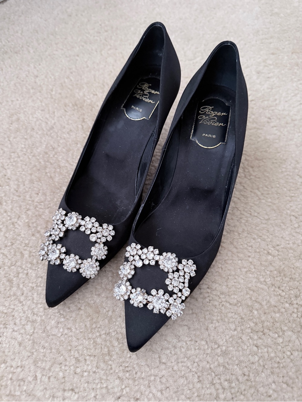 Roger Vivier Black Satin Pointed Toe Heels with Crystal Buckle Embellishment